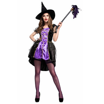 Halloween Disfraz Bruja Cosplay Vestido de Color Púrpura con Sombrero para Adultos Femenino
